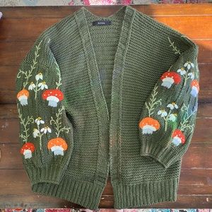 Mushroom Embroidered Open Knit Cardigan